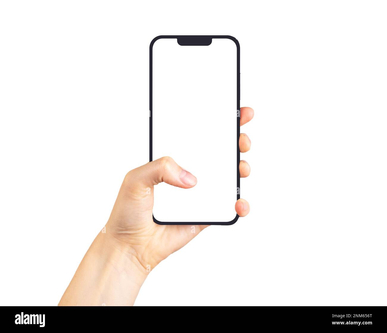 Lodz, Poland February 05 2023 Mobile phone screen mockup, blank smartphone in hand with thumb finger clicking tapping on display isolated on white bac Stock Photo