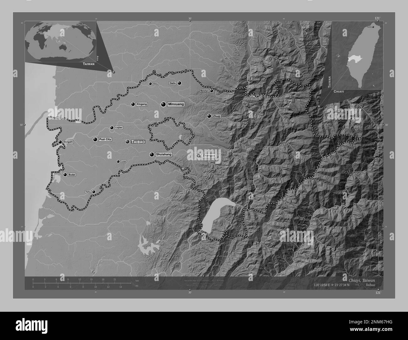 Chiayi, county of Taiwan. Grayscale elevation map with lakes and rivers. Locations and names of major cities of the region. Corner auxiliary location Stock Photo