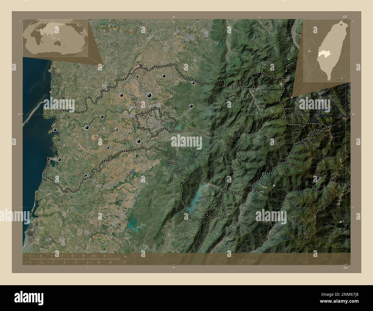 Chiayi, county of Taiwan. High resolution satellite map. Locations of major cities of the region. Corner auxiliary location maps Stock Photo