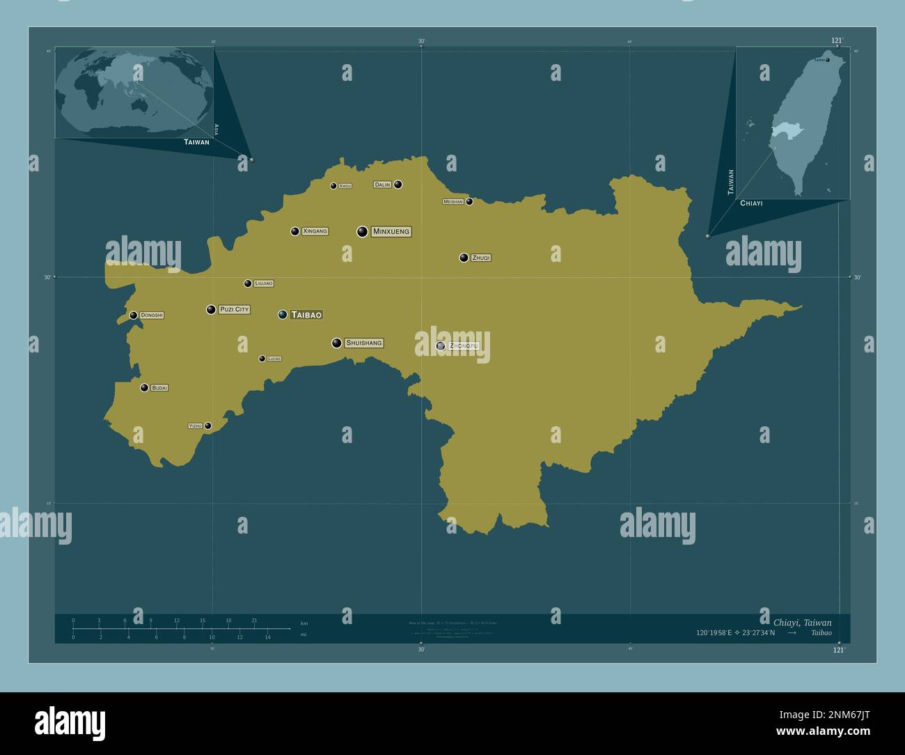 Chiayi, county of Taiwan. Solid color shape. Locations and names of major cities of the region. Corner auxiliary location maps Stock Photo