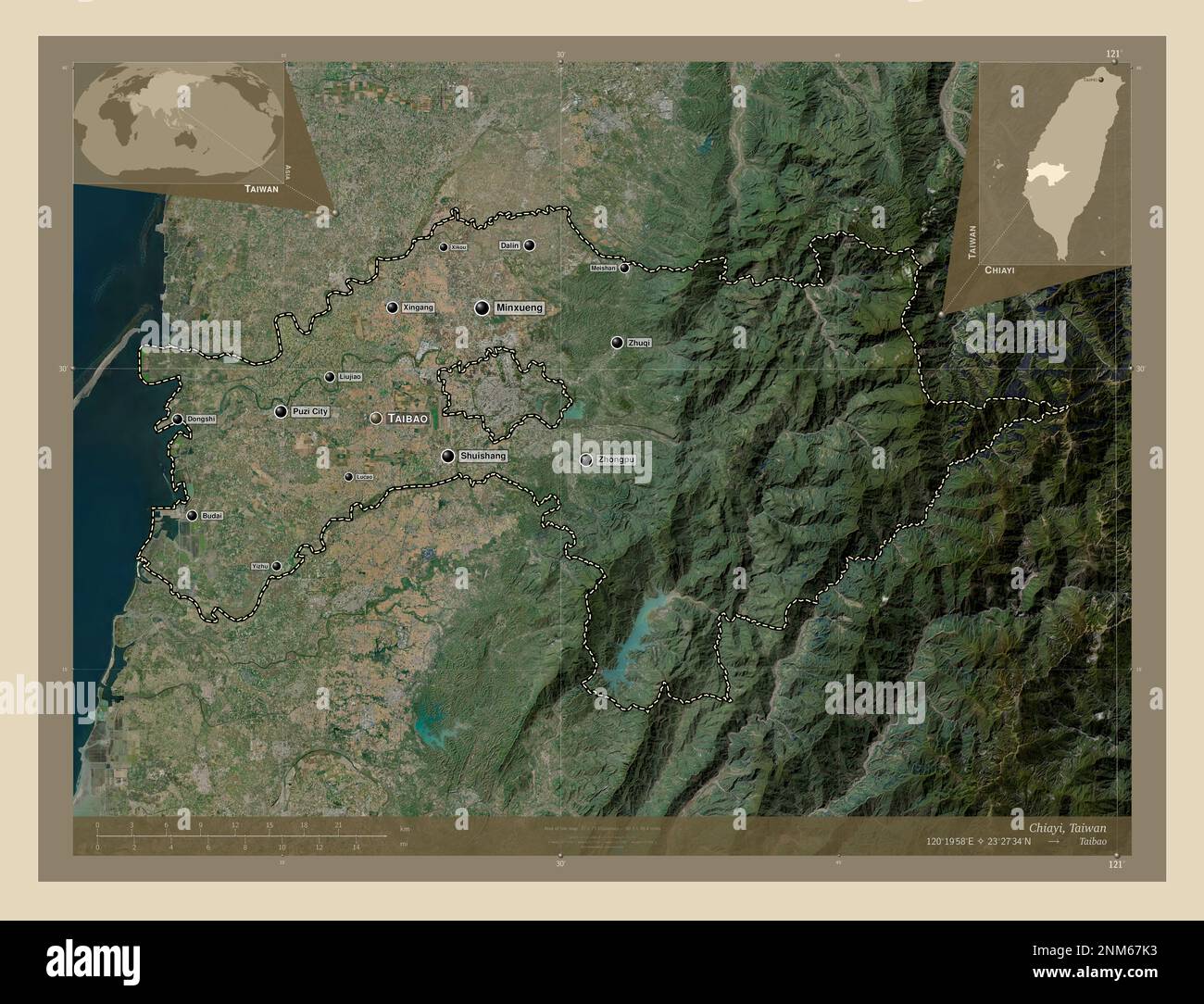 Chiayi, county of Taiwan. High resolution satellite map. Locations and names of major cities of the region. Corner auxiliary location maps Stock Photo