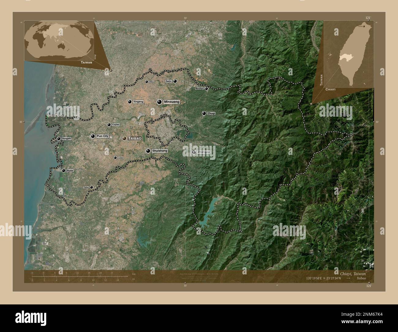 Chiayi, county of Taiwan. Low resolution satellite map. Locations and names of major cities of the region. Corner auxiliary location maps Stock Photo