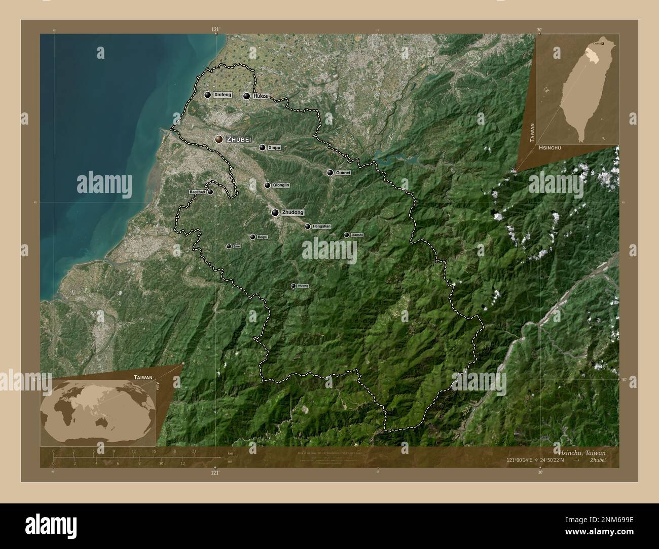 Hsinchu, county of Taiwan. Low resolution satellite map. Locations and names of major cities of the region. Corner auxiliary location maps Stock Photo