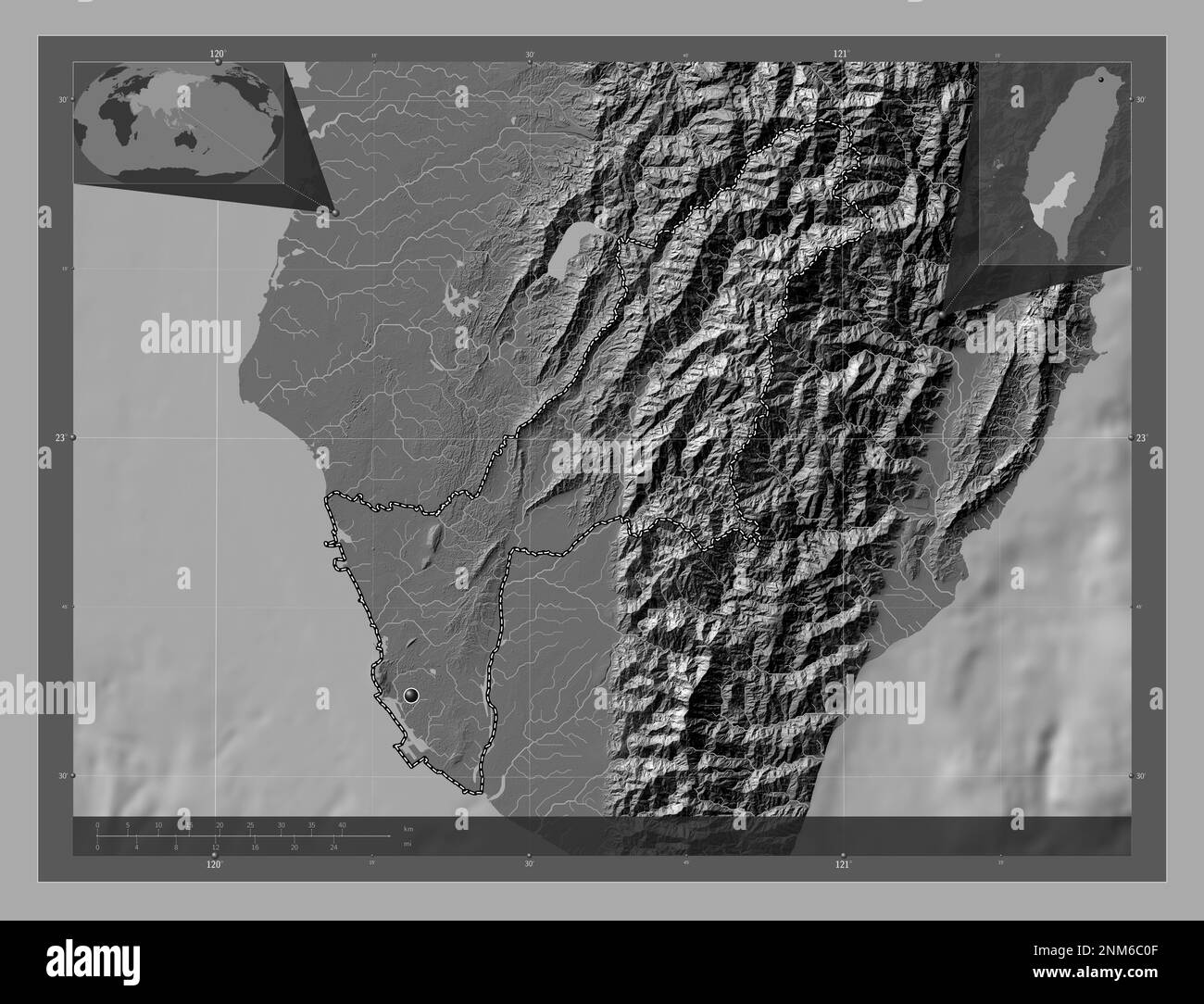 Kaohsiung, special municipality of Taiwan. Bilevel elevation map with