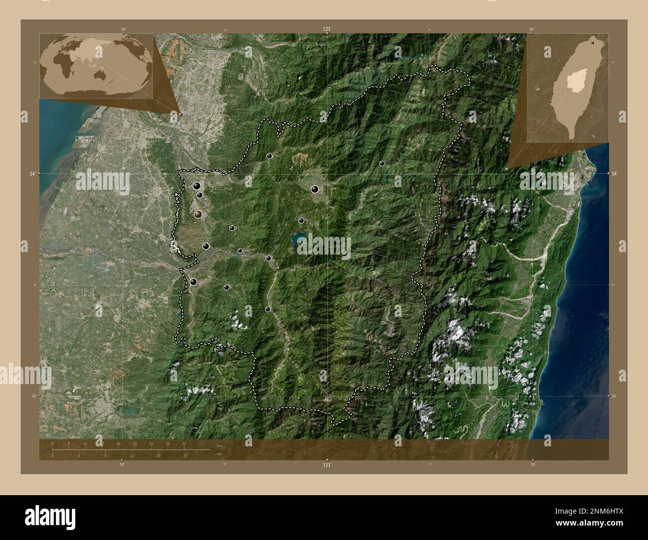 Nantou, county of Taiwan. Low resolution satellite map. Locations of ...