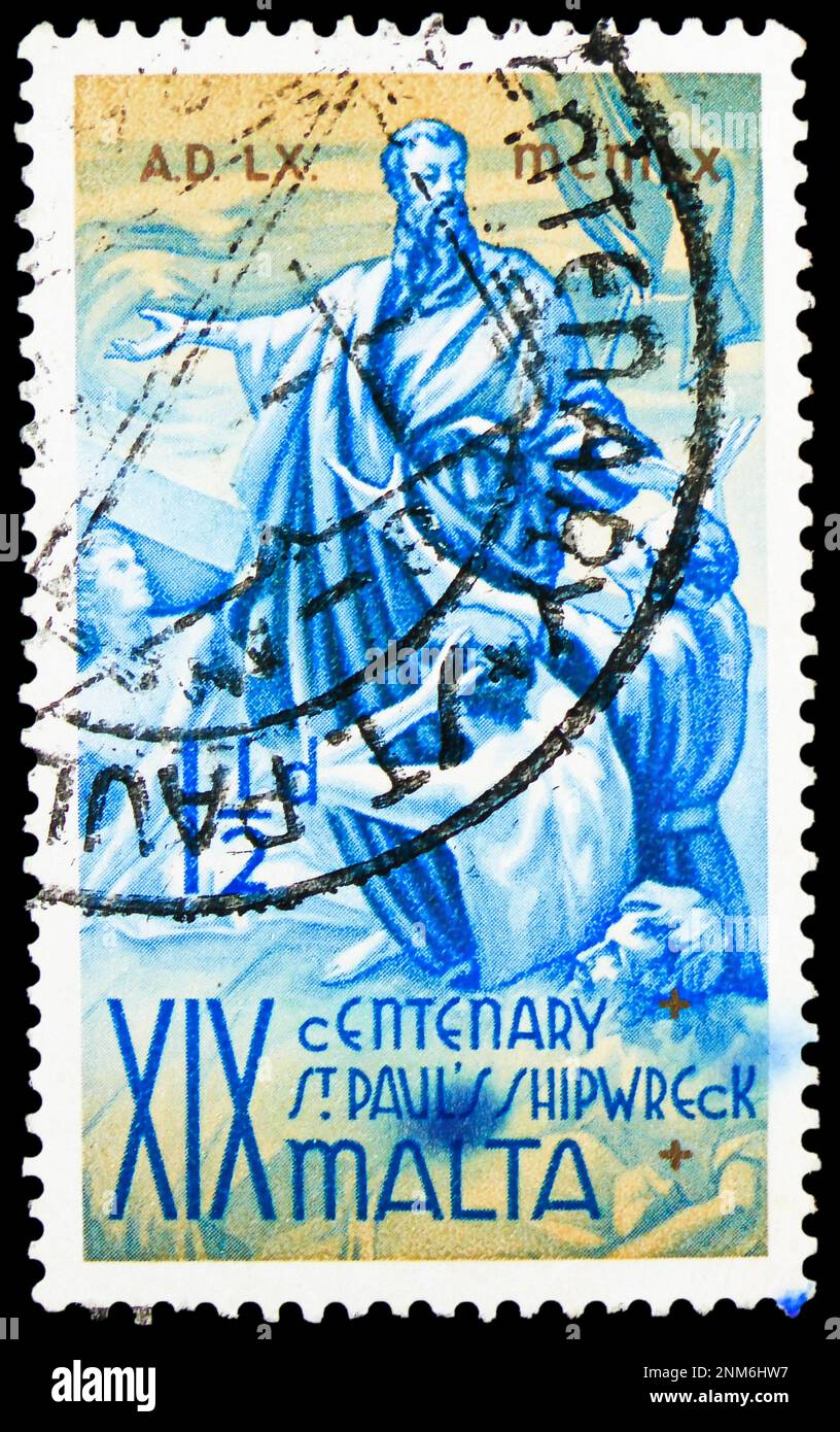 MOSCOW, RUSSIA - FEBRUARY 15, 2023: Postage stamp printed in Malta shows Painting 'St. Paul's Shipwreck' in the St. Paul's Church, serie, circa 1960 Stock Photo