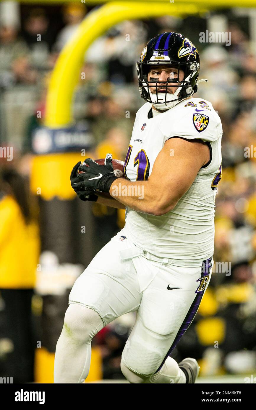 Baltimore Ravens fullback Patrick Ricard (42) warms up before an