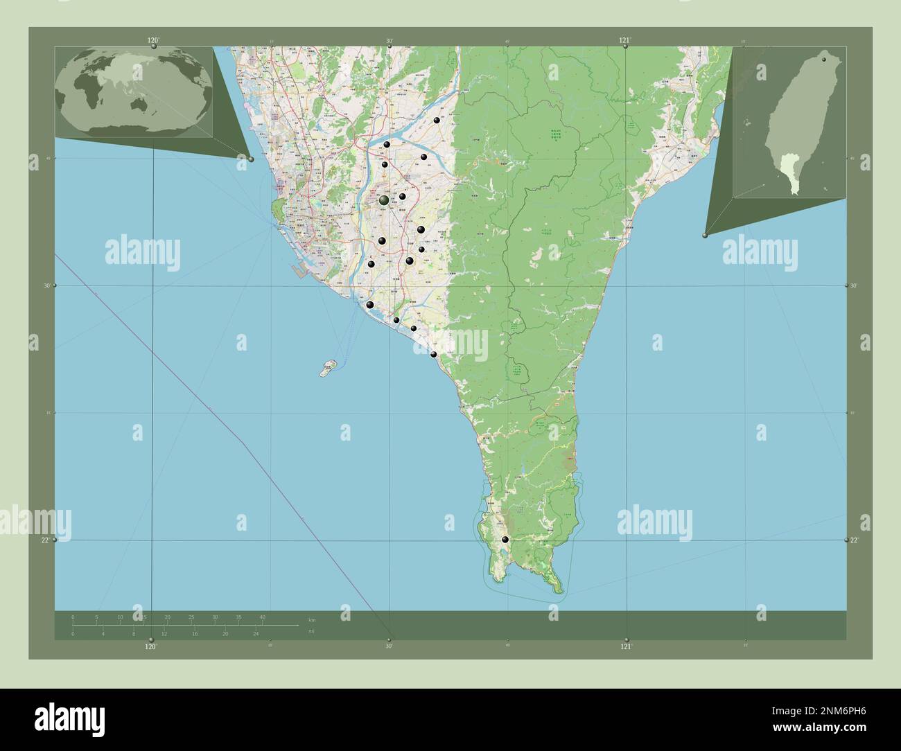 Pingtung, county of Taiwan. Open Street Map. Locations of major cities
