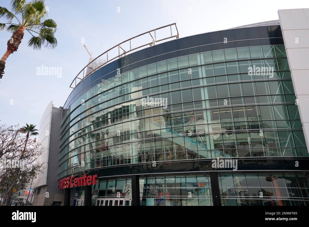 Signage at the Staples Center is removed in preparation for naming