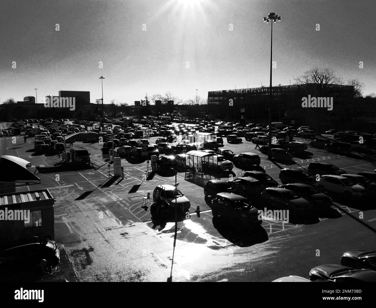 Backlit monochrome of car park in Stevenage, Hertfordshire, England, UK