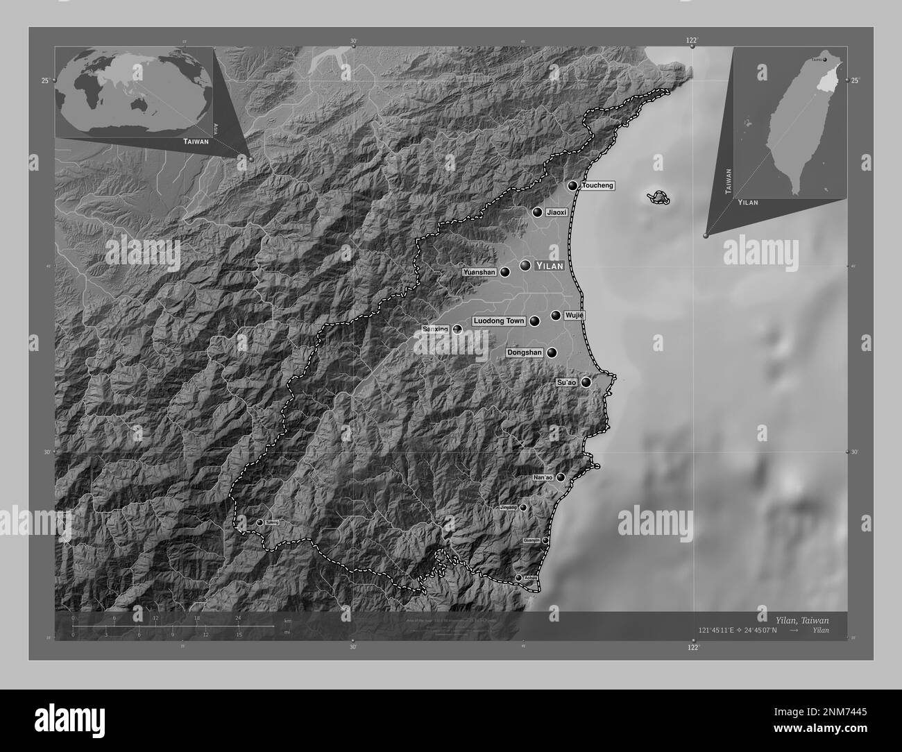 Yilan, county of Taiwan. Grayscale elevation map with lakes and rivers