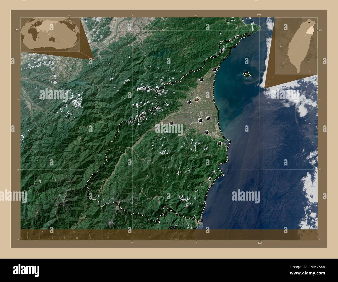 Yilan, county of Taiwan. Low resolution satellite map. Locations of
