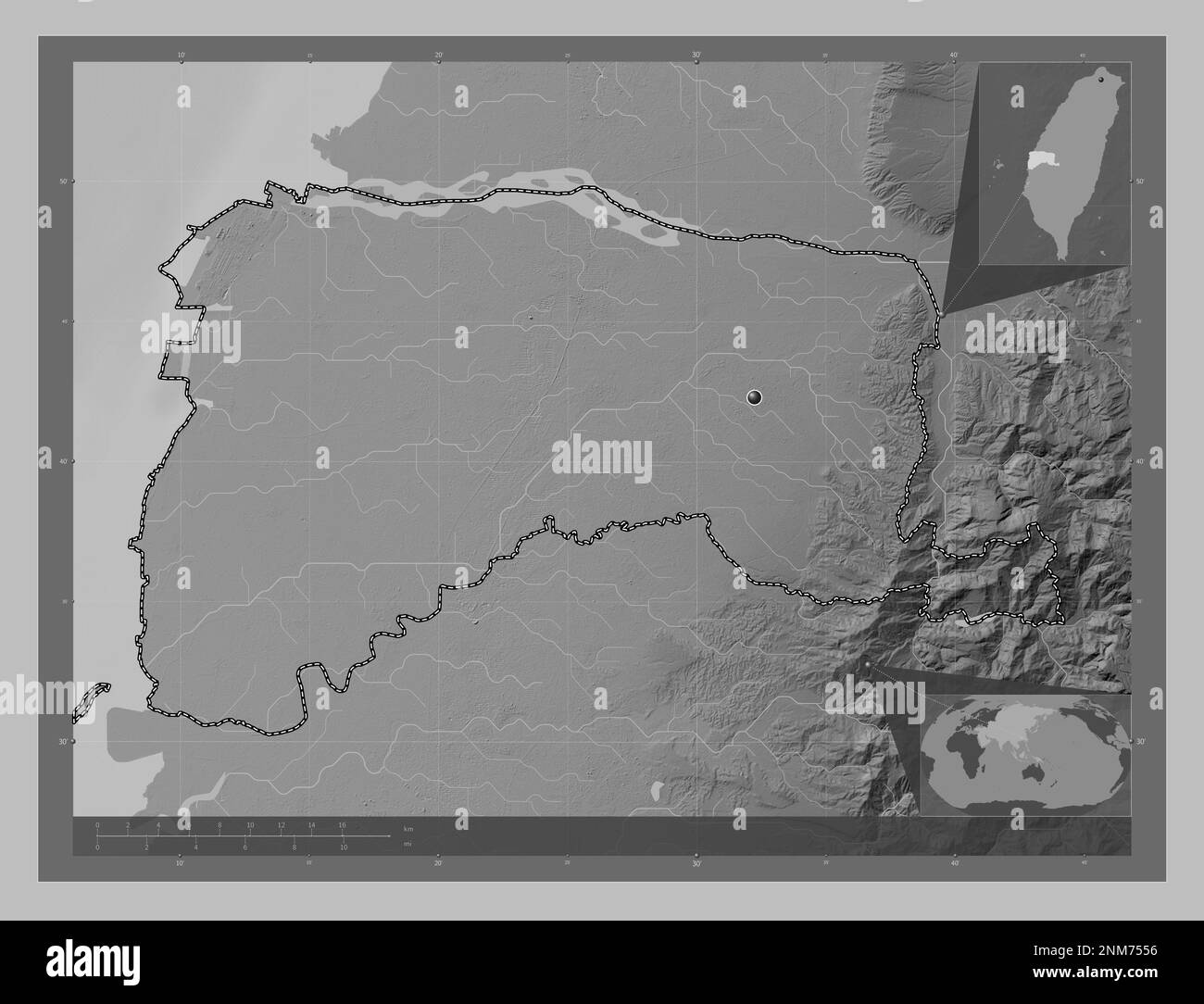 Yulin, county of Taiwan. Grayscale elevation map with lakes and rivers