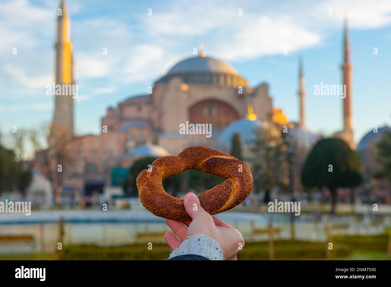 Travel to Istanbul background photo. Turkish Bagel aka Simit and Hagia