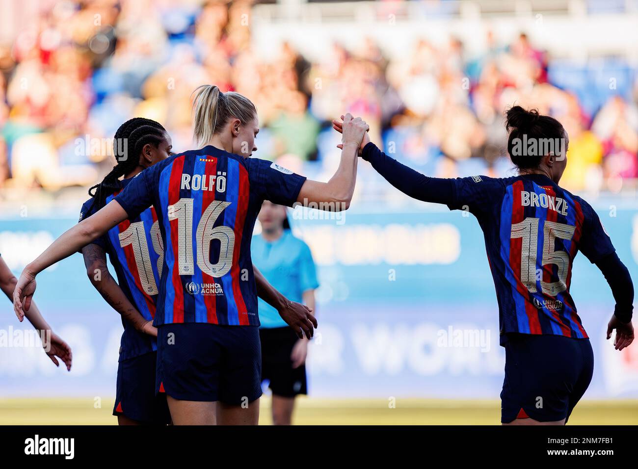 BARCELONA - FEB 6: Rolfo celebrates after scoring a goal during the Primera Division Femenina League match between FC Barcelona and Real Betis Balompi Stock Photo