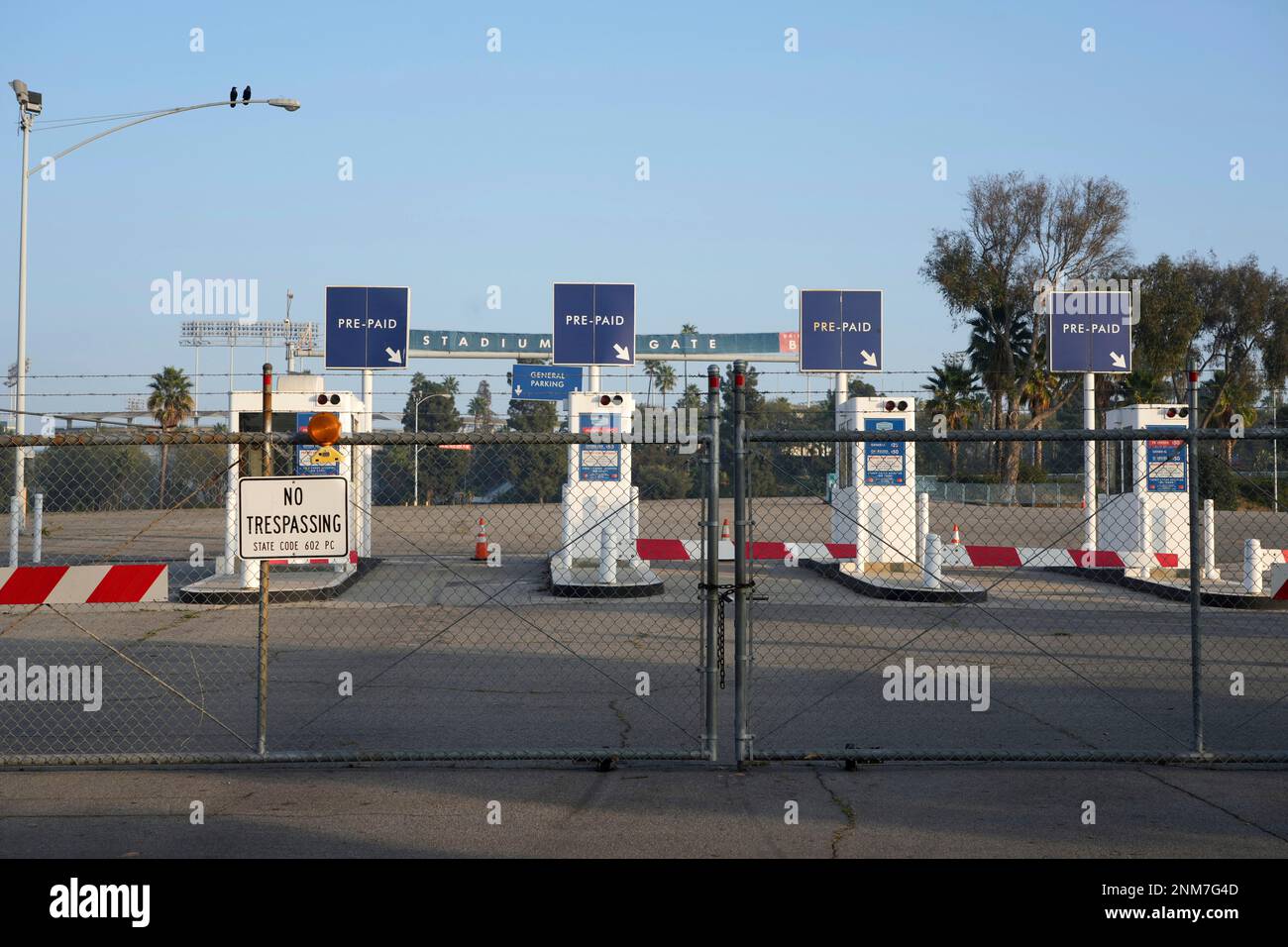 Closed and locked gates at Dodger Stadium, Thursday, Dec. 2, 2021, in