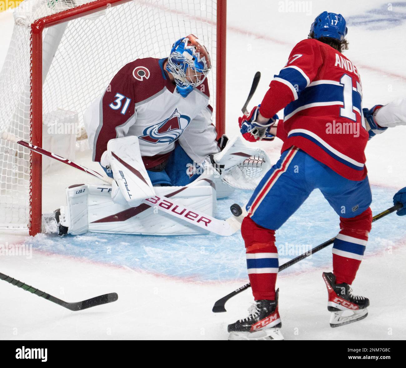 Colorado Avalanche goaltender Jonas Johansson (31) stops Montreal
