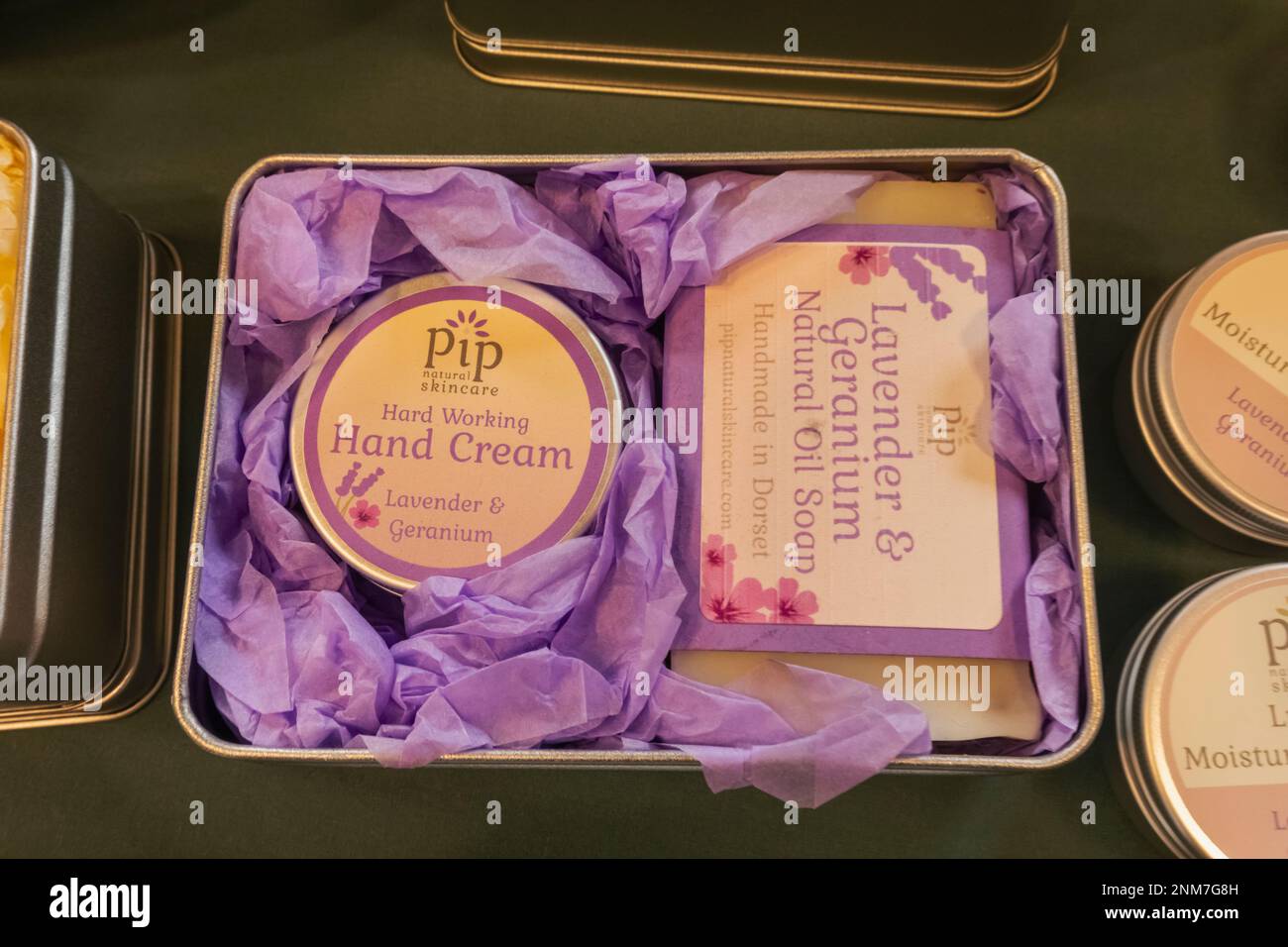 England, Dorset, Shaftesbury, Shaftesbury Town Hall, The Weekly Country Market, Display of Handmade Soaps and Hand Cream Stock Photo