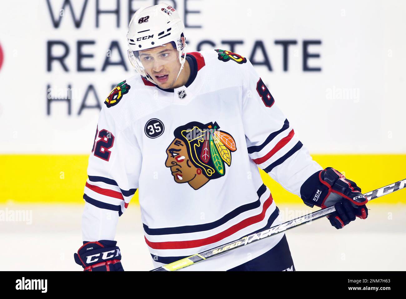 NHL profile photo on Chicago Blackhawks player Caleb Jones at a game