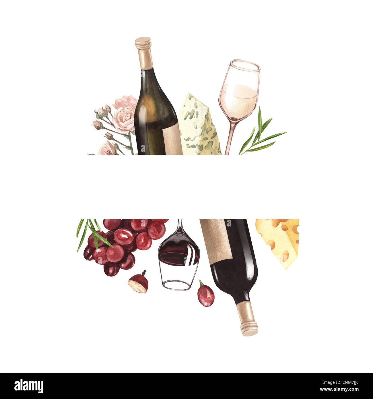 Watercolor wine and cheese logo template. Hand draw card background
