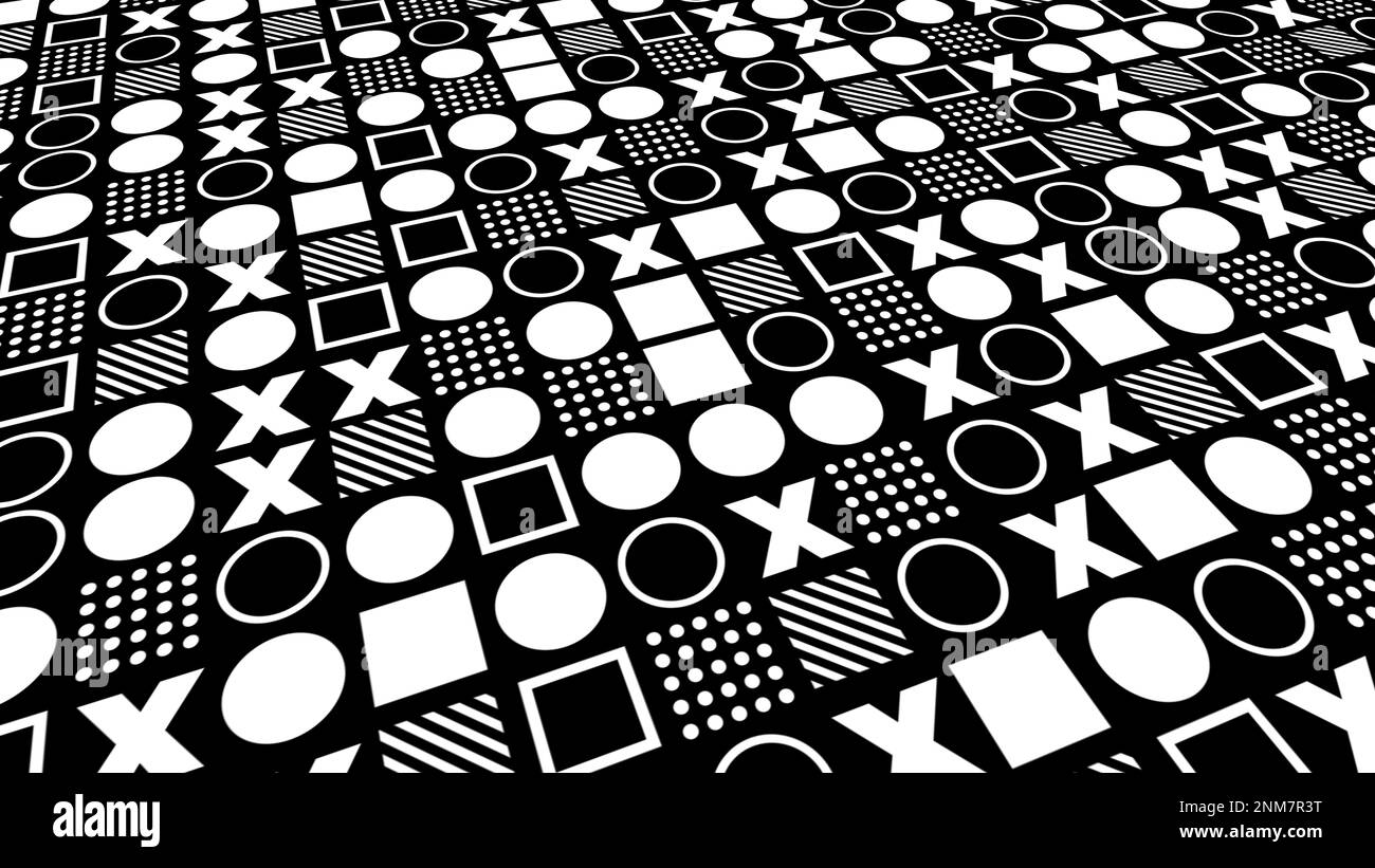 Black and white repeating pattern of geometric shapes with circle