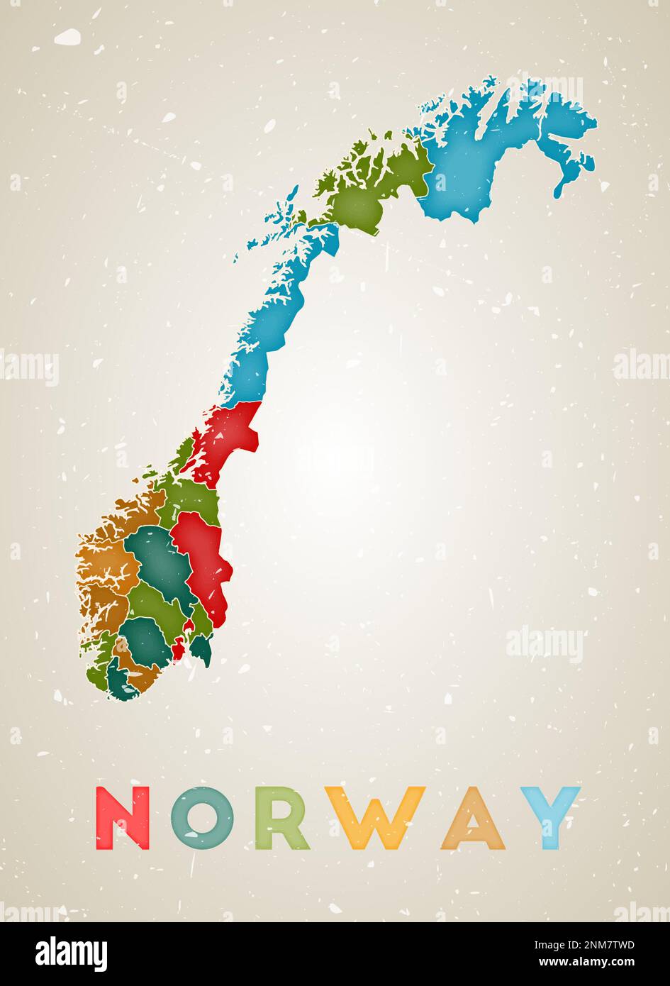 Norway map. Country poster with colored regions. Old grunge texture