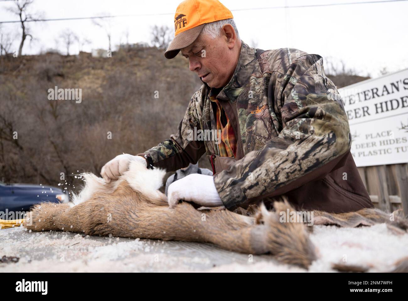 Scott Haberer folds a finished, salted deer hide which was donated to