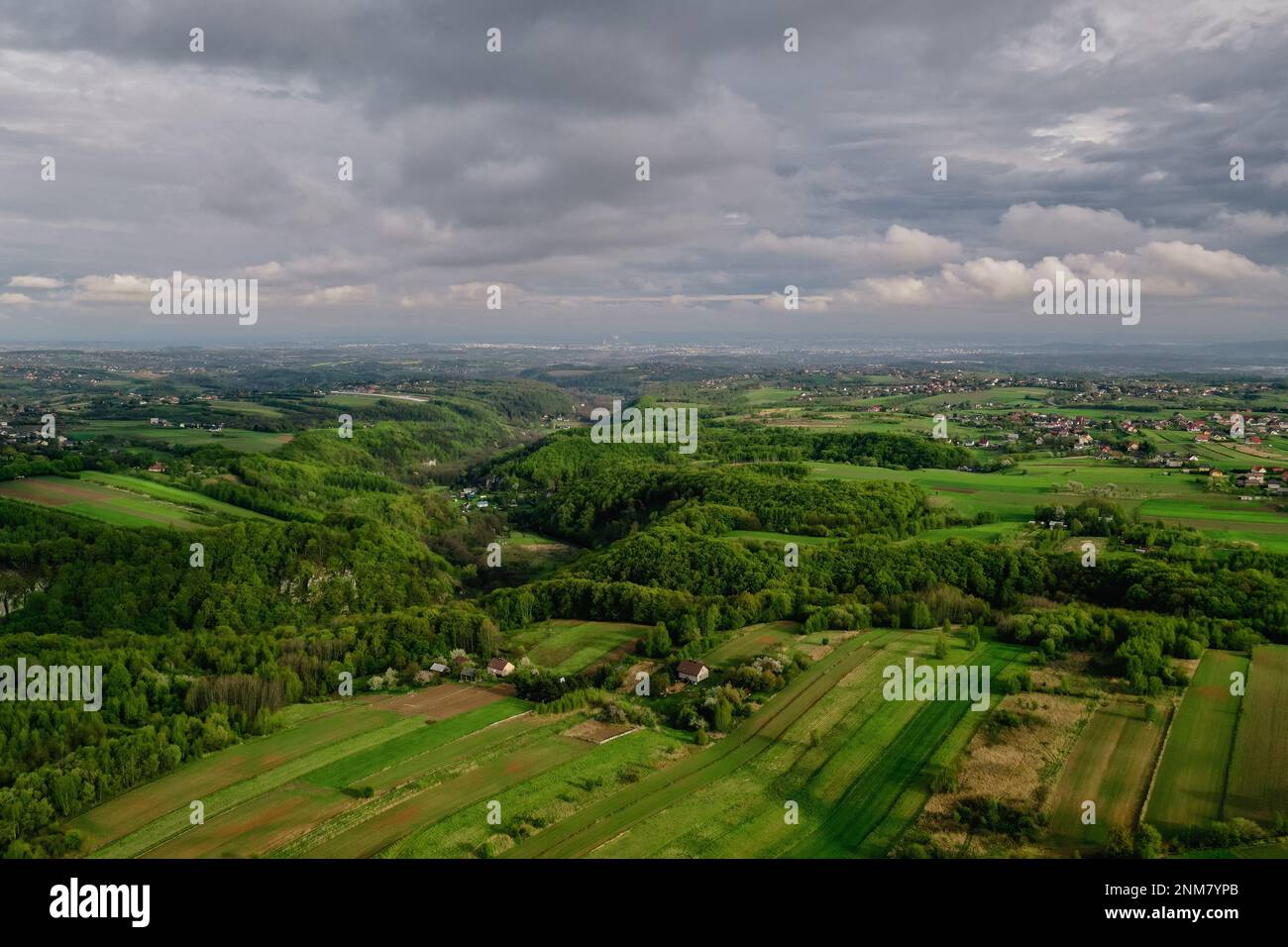 Aerial shot of Ojcow National Park south part, aerial view of green Pradnik valley, Lesser Poland, Europe, late spring, 2020 Stock Photo
