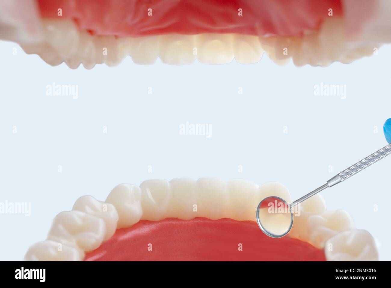 Shot from mouth. View from inside the dental jaw. Teethcare, dental health concept Stock Photo