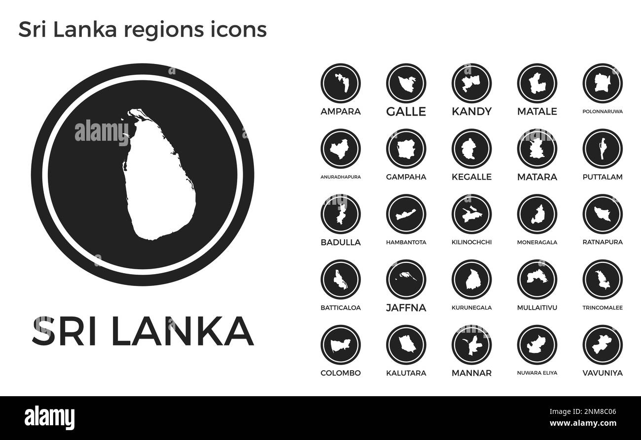 Sri Lanka regions icons. Black round logos with country regions maps and titles. Vector illustration. Stock Vector