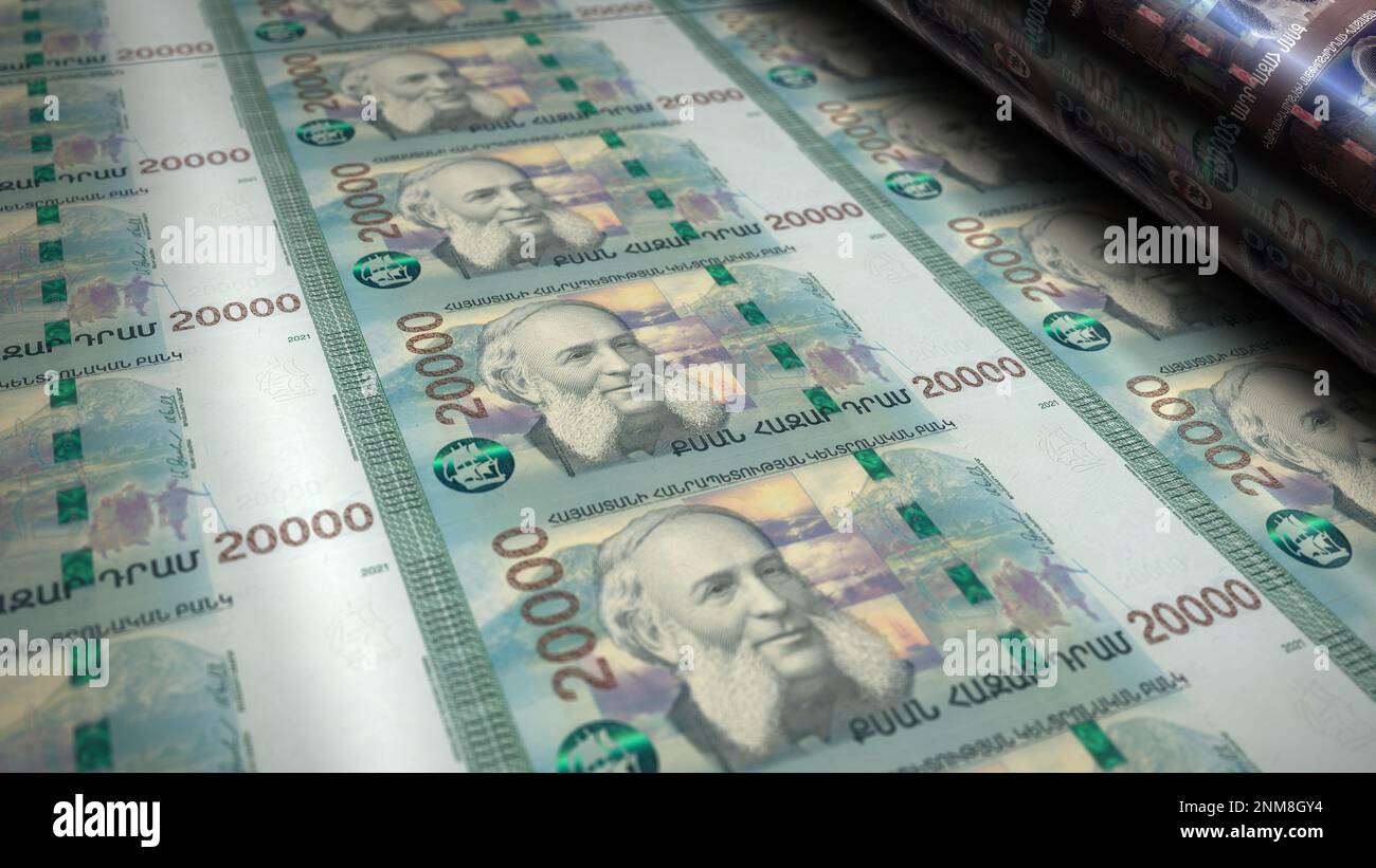 Armenian Dram money printing 3d illustration. 20000 AMD banknote print ...
