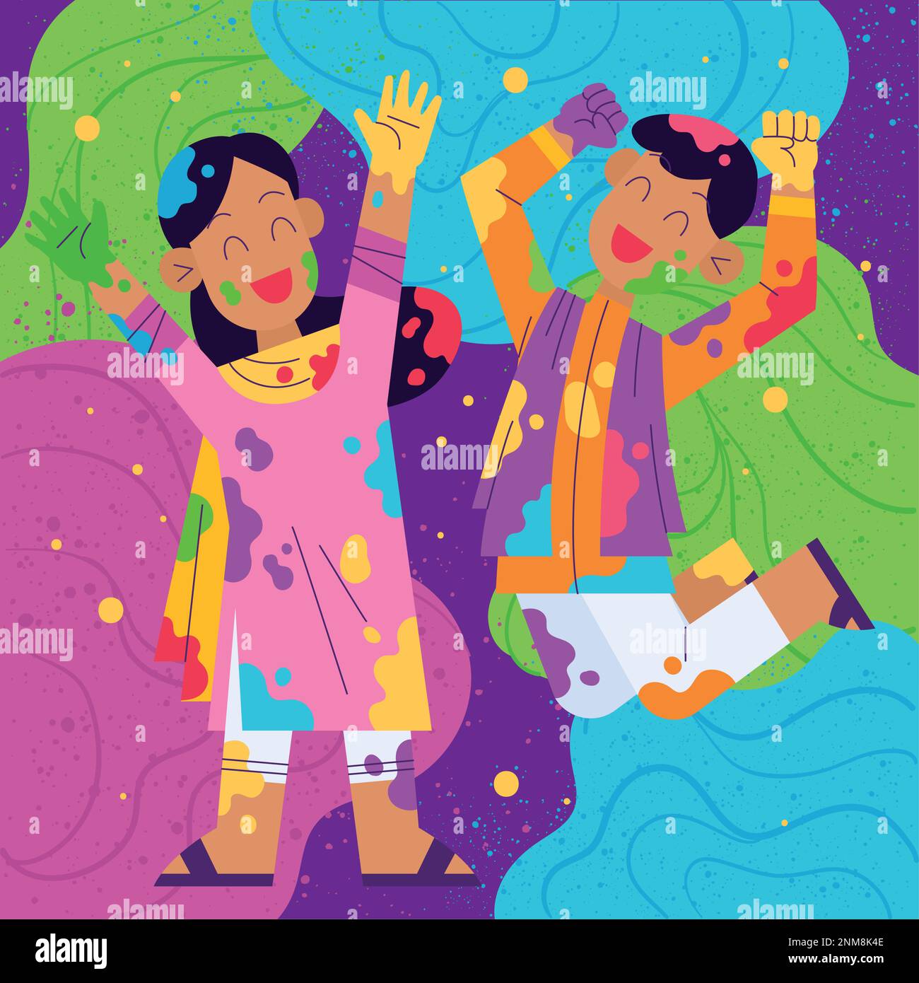 Pair of cute children playing Holi festival poster Vector Stock Vector
