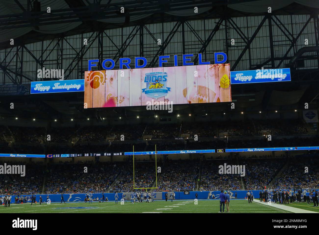 DETROIT, MI - NOVEMBER 25: A general view of the video scoreboard  displaying the Happy Thanksgiving message is seen during a regular season  Thanksgiving Day NFL football game between the Chicago Bears