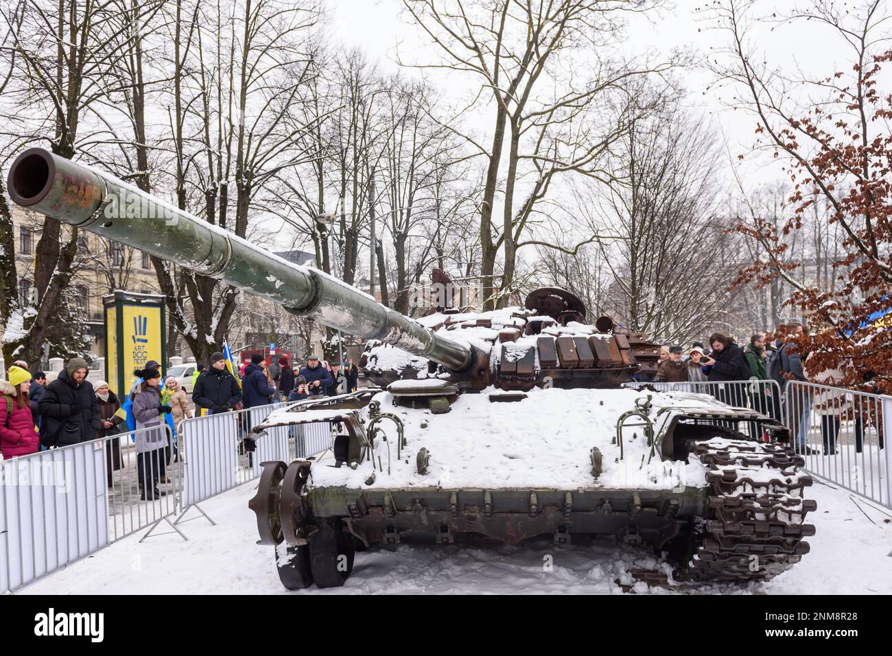 Riga, Latvia. 24th Feb, 2023. RIGA, LATVIA. 24th February 2023.  Destroyed russian tank  in Riga near Russian embassy. Credit: Gints Ivuskans/Alamy Live News Stock Photo