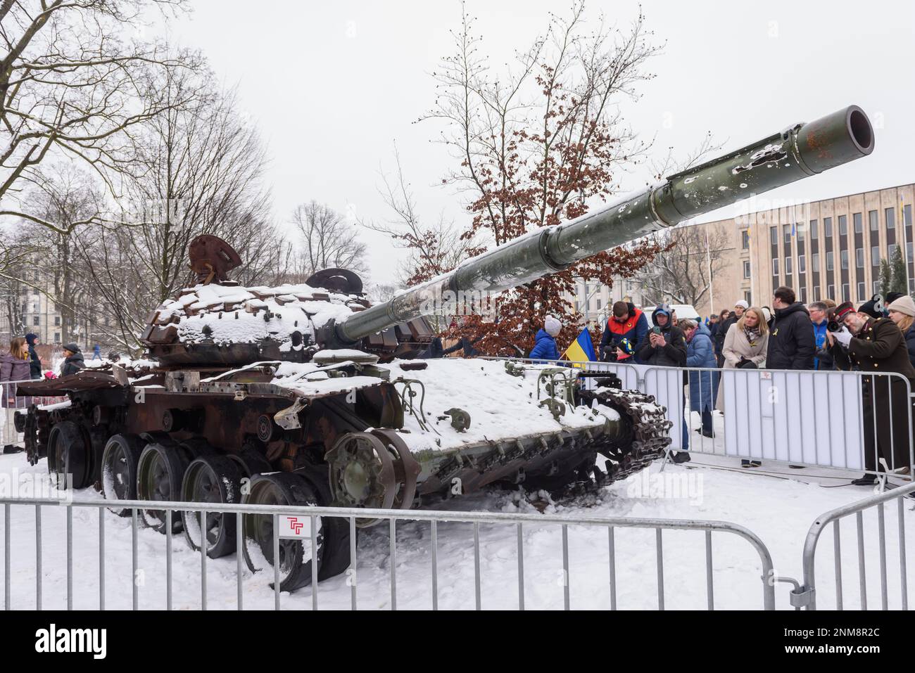 Riga, Latvia. 24th Feb, 2023. RIGA, LATVIA. 24th February 2023.  Destroyed russian tank  in Riga near Russian embassy. Credit: Gints Ivuskans/Alamy Live News Stock Photo
