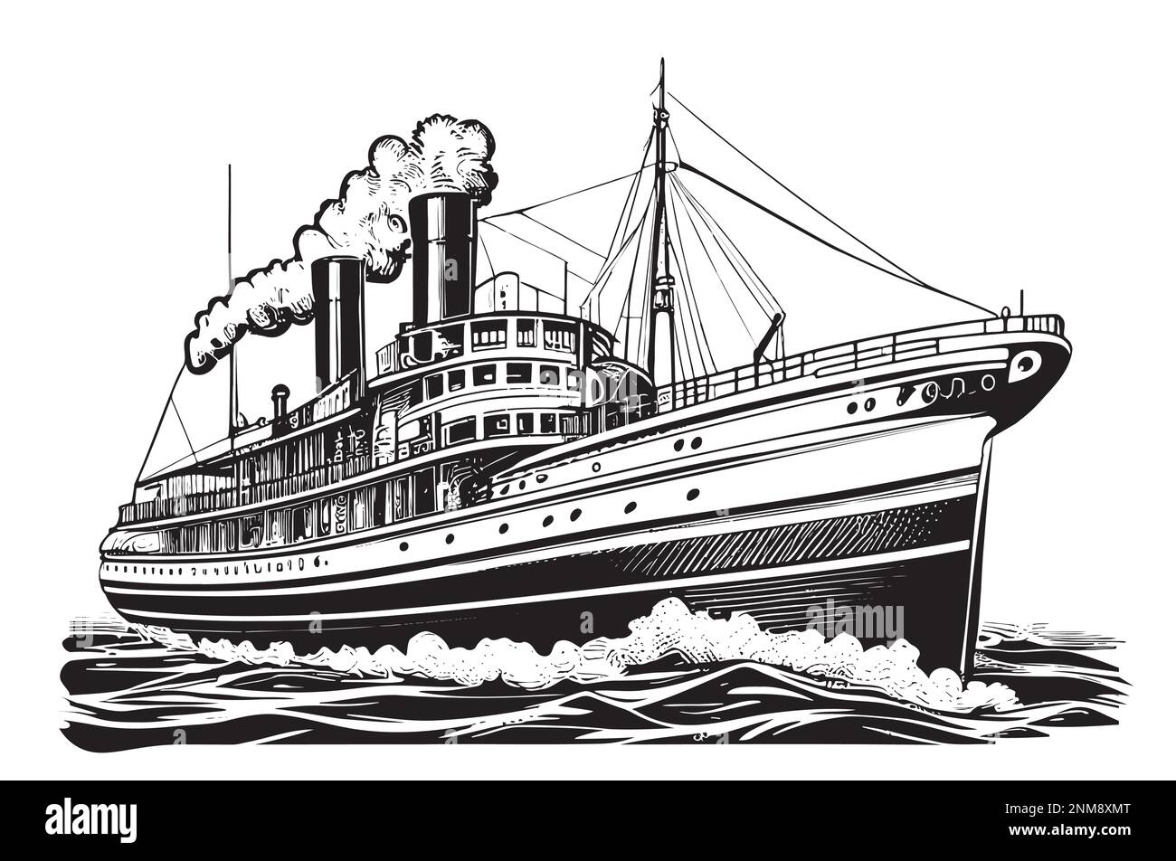 Steamship vintage hand drawn sketch Vector illustration transport Stock Vector