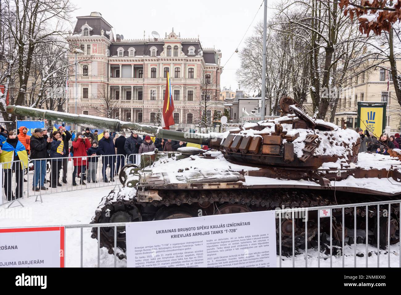 Riga, Latvia. 24th Feb, 2023. RIGA, LATVIA. 24th February 2023.  Destroyed russian tank enhanced in Riga. Credit: Gints Ivuskans/Alamy Live News Stock Photo