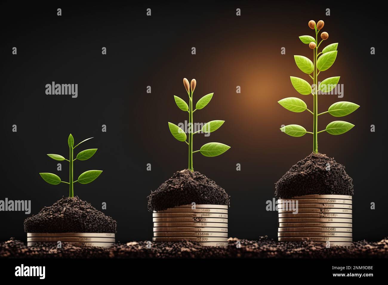 Growing Wealth: Plants on Coin Stacks Represent Finance and Investment Growth. Generative AI Stock Photo