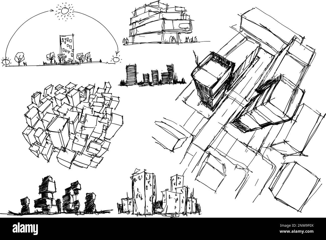 many hand drawn architectectural sketches of a modern architecture and ...