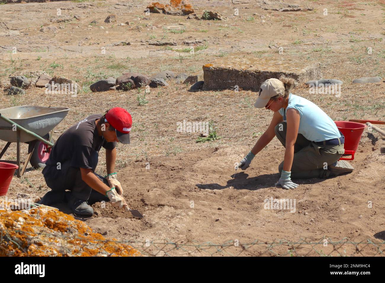 The excavation of artieacts at the Ancient City of Nora, Sardinia by achaeologists and students from the University of Padova, September 2022. Stock Photo