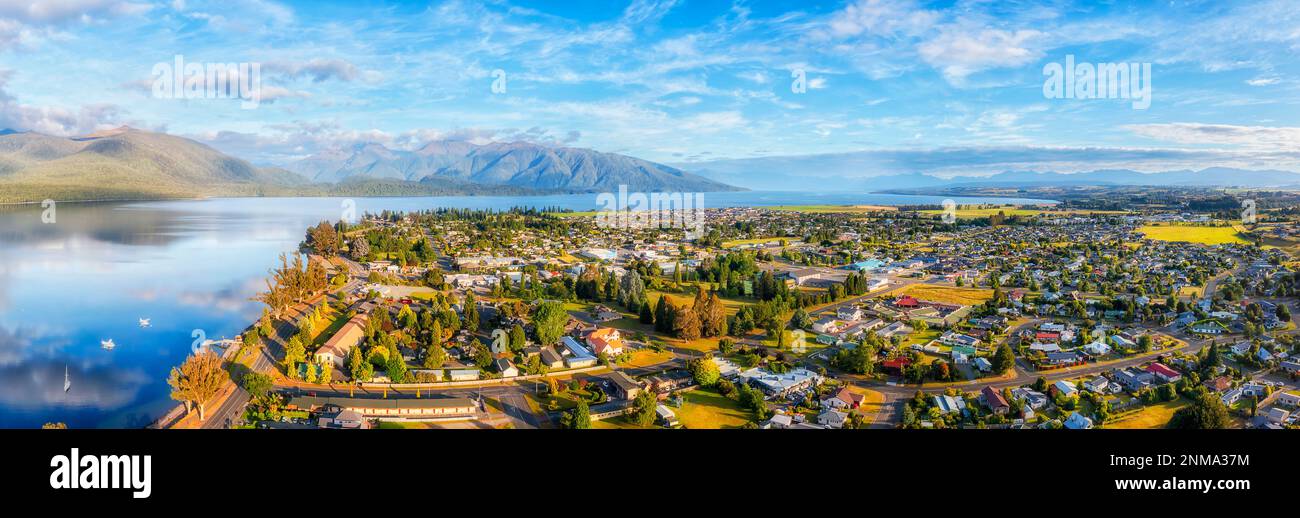 Lake Te Anau and Te Anau town in Fiordland of New Zealand - scenic aerial panorama of Gateway to Milford Sound. Stock Photo