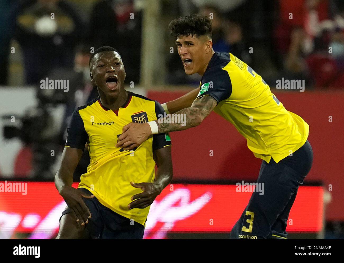 Ecuador's Moises Caicedo, left, celebrates with Ecuador's Piero Hincapie,  after scoring his side's second goal against Chile during a qualifying  soccer match for the FIFA World Cup Qatar 2022 at San Carlos