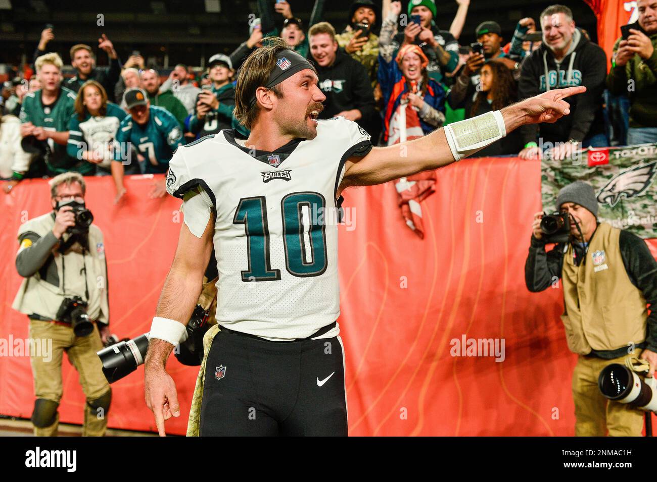 DENVER, CO - NOVEMBER 14: Philadelphia Eagles quarterback Gardner Minshew ( 10) celebrates as he walks off the field after a 30-13 win in a game  between the Denver Broncos and the Philadelphia