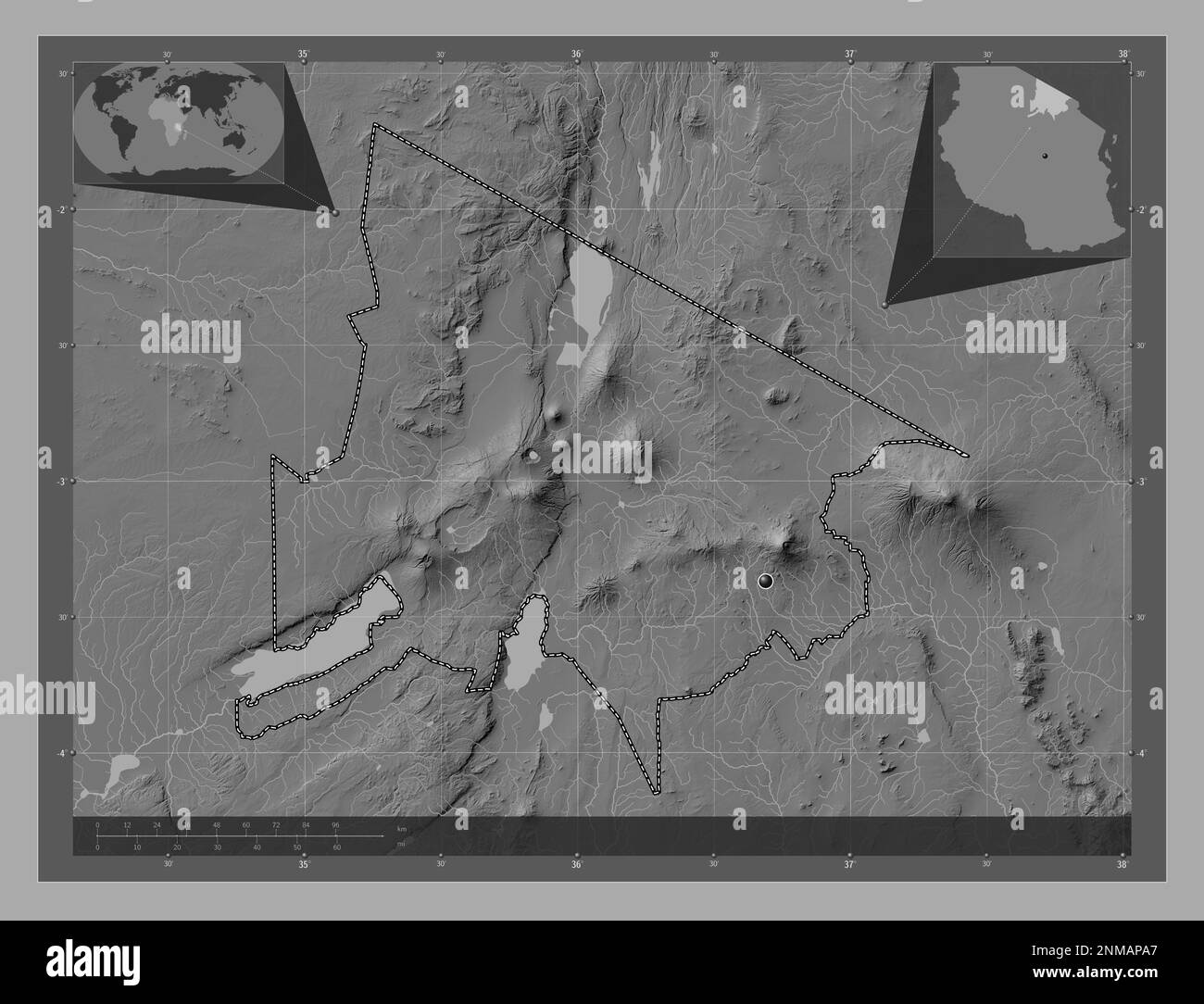 Arusha, region of Tanzania. Bilevel elevation map with lakes and rivers