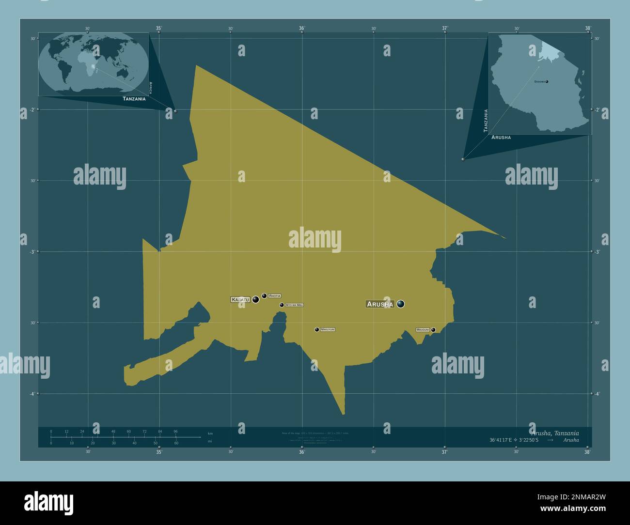 Arusha, region of Tanzania. Solid color shape. Locations and names of major  cities of the region. Corner auxiliary location maps Stock Photo - Alamy, image size:1300x1084