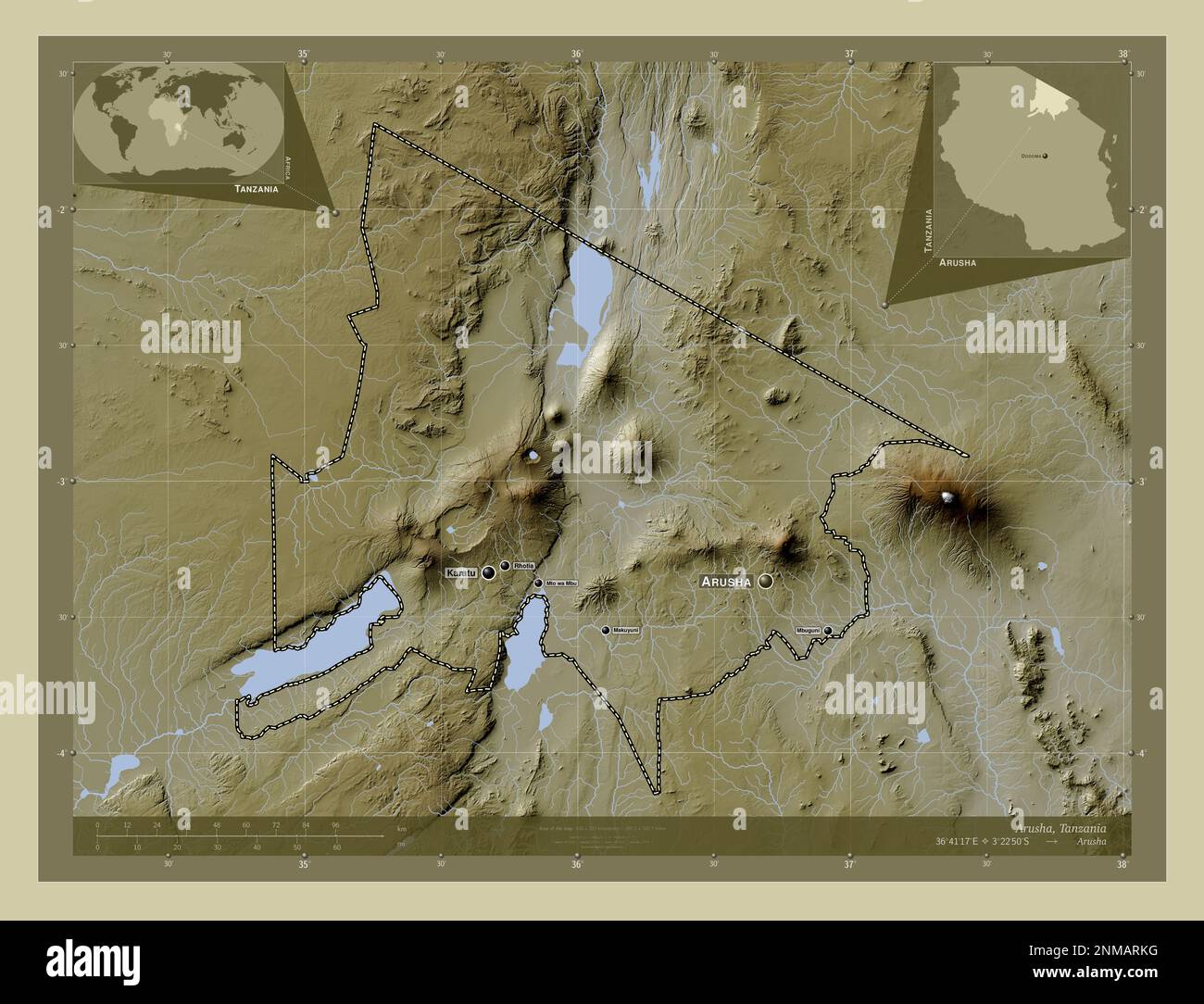 Arusha, region of Tanzania. Elevation map colored in wiki style with