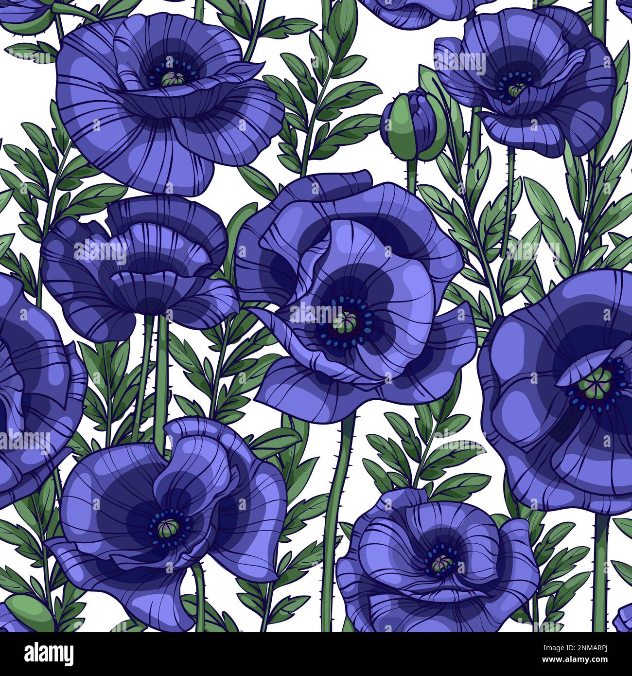 violet poppies seamless floral vector pattern Stock Vector