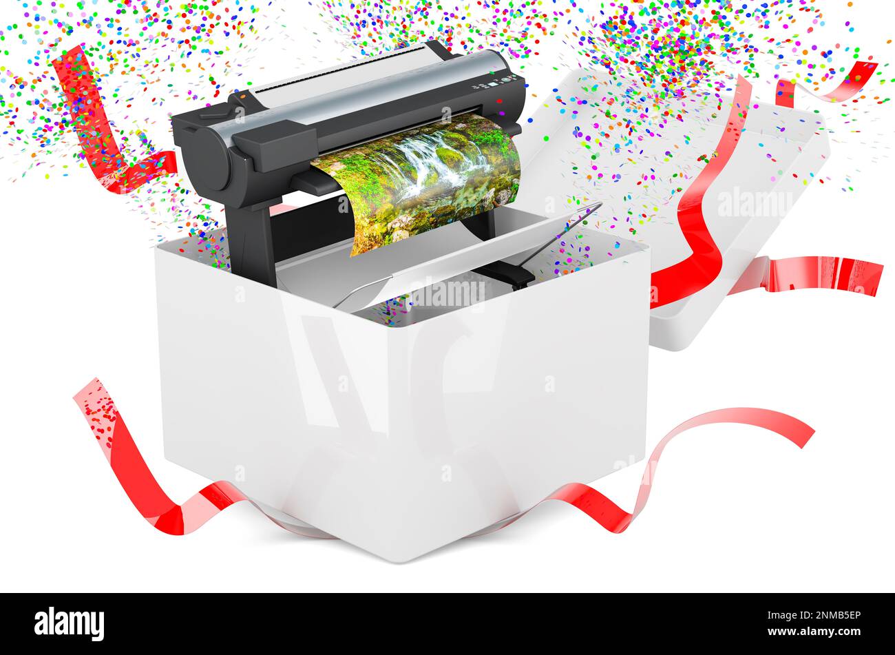 Plotter, large format inkjet printer inside gift box, 3D rendering