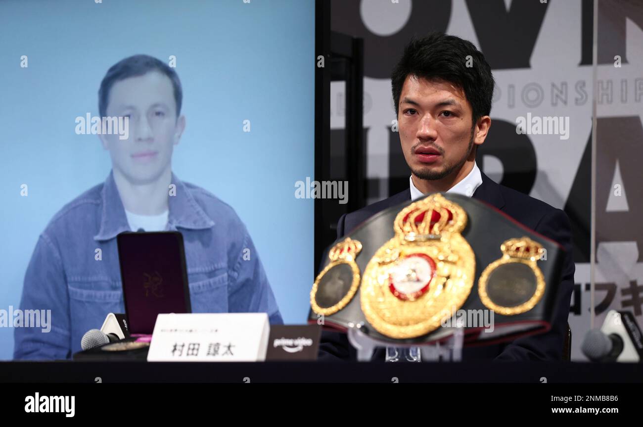 WBA middleweight super champion Ryota Murata (R) of Japan and IBF champion Gennady Golovkin of Kazakhstan are pictured at the end of a press conference in Tokyo on April 7, 2022, ahead of their title unification bout in Saitama Prefecture on April 9 ...