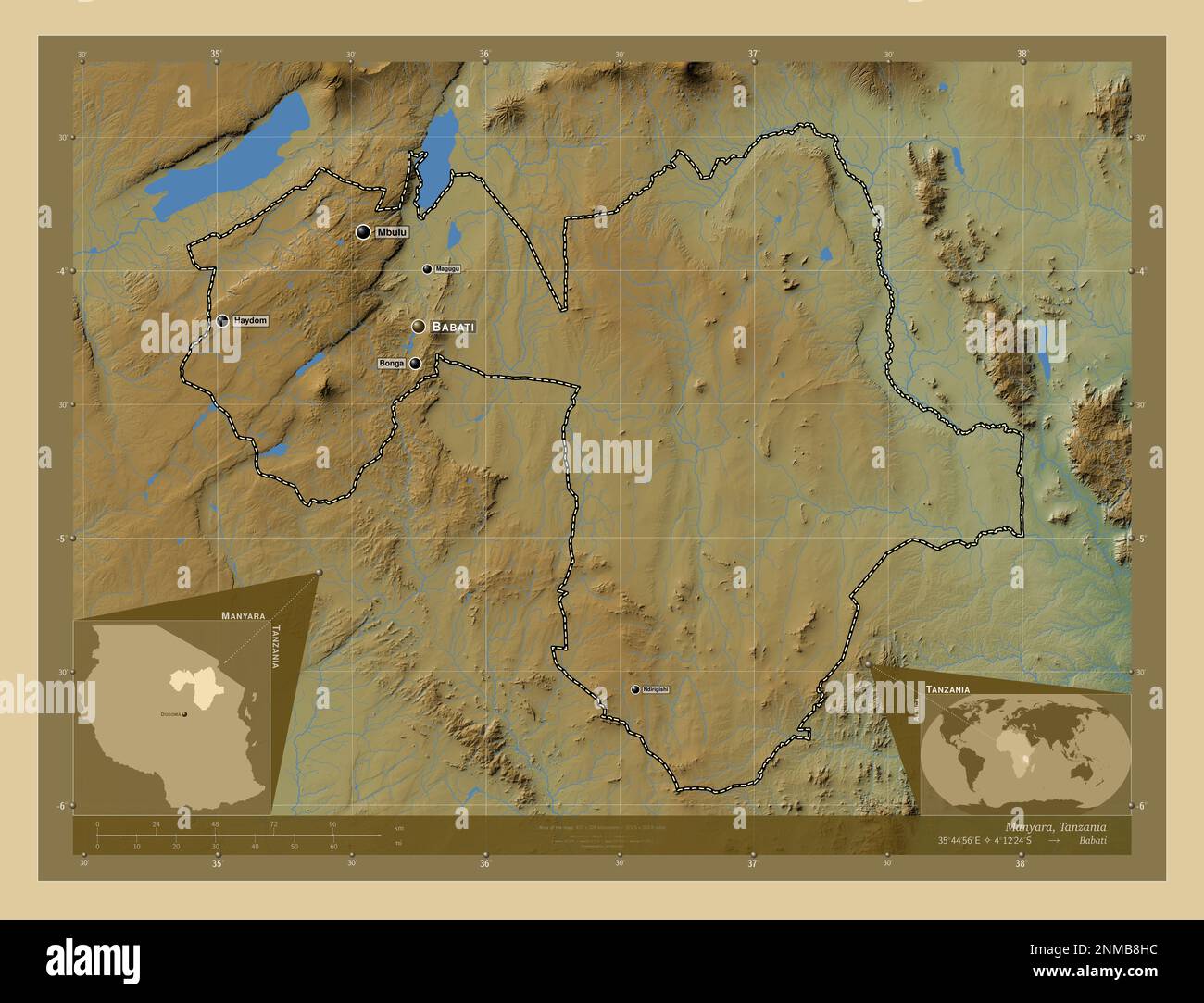 Manyara, region of Tanzania. Colored elevation map with lakes and rivers.  Locations and names of major cities of the region. Corner auxiliary  location Stock Photo - Alamy, image size:1300x1084
